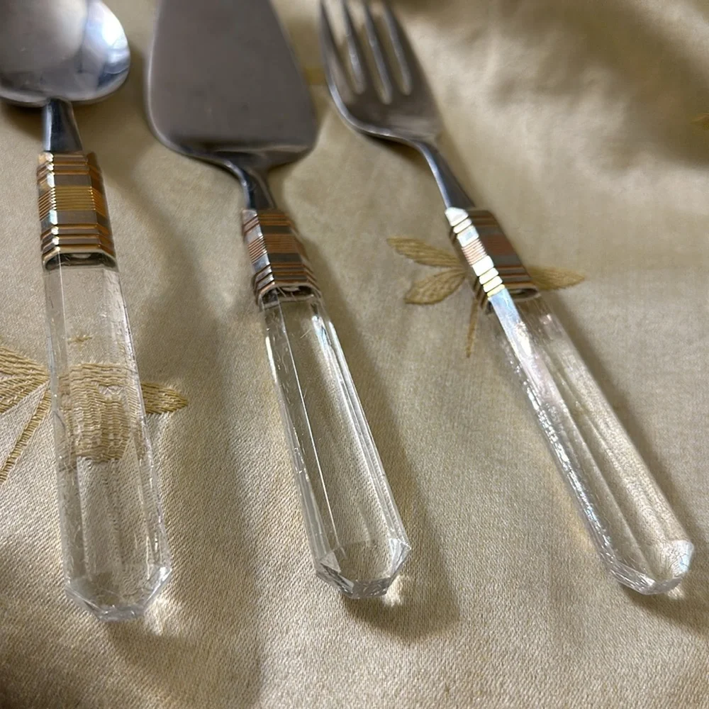 Vintage Japan Stainless Lucite 3 Piece Serving Utensil Set. Fork / Spoon / Cake.